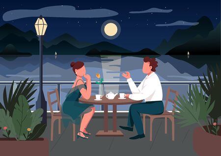 Romantic date in seaside resort town flat color vector illustration. Couple dinner in restaurant. Man and woman in street cafe together 2D cartoon characters with sea and sunset on backgroundのイラスト素材