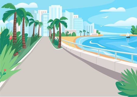 Luxury seaside resort street flat color vector illustration. Waterfront with skyscrapers and tropical palms. Seafront 2D cartoon landscape with sandy beach and city buildings on backgroundのイラスト素材