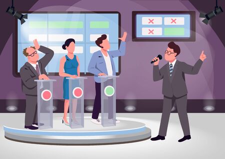 Quiz show flat color vector illustration. Educational game host and contenders 2D cartoon characters with stage on background. Knowledge test, questions competition. Intellectual contest broadcastのイラスト素材