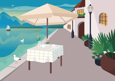 Street restaurant in seaside resort village flat color vector illustration. Served cafe table on seafront. Beachfront 2D cartoon landscape with seagulls, mountains and ocean on backgroundのイラスト素材