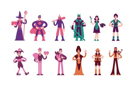 Twelve archetypes flat color vector characters set. Magician and hero in cape. Medieval king and wise man. People personality types isolated cartoon illustrations on white backgroundのイラスト素材