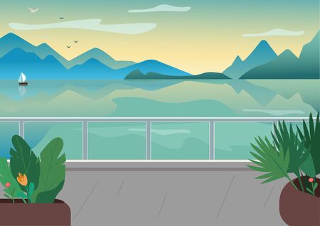 Seaside resort street flat color vector illustration. Waterfront terrace. Lake and mountains skyline. Picturesque nature view. Seafront 2D cartoon landscape with ocean at sunrise on backgroundのイラスト素材