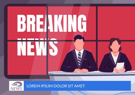 Breaking news banner flat vector template. Emergency broadcast brochure, poster concept design with cartoon characters. Professional journalism horizontal flyer, leaflet with place for textのイラスト素材