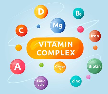 Vitamin complex cartoon vector illustration. Dietary supplement flat color object. Vitamin C, D, B6. Complementary feeding for health. Food additives. Balanced diet isolated on blue backgroundのイラスト素材
