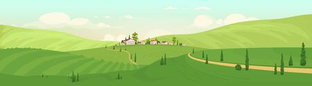 Old hilltop village flat color vector illustration. Luxury villas 2D cartoon landscape with green hills on background. Summer vacation destination. Calm rural area scenery. Small Italian town viewのイラスト素材