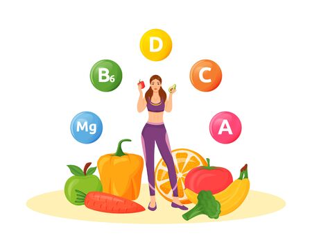 Balanced diet flat concept vector illustration. Womens healthy nutrition 2D cartoon character for web design. Fruits and vegetables for active lifestyle. Vitamins C, D, A, B6 creative ideaのイラスト素材