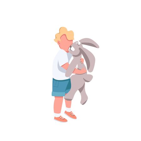 Boy with toy flat color vector faceless character. Little kid hug stuffed rabbit. Cute preschooler. Toddler play with doll isolated cartoon illustration for web graphic design and animationのイラスト素材