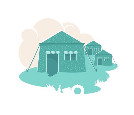 Military tents 2D vector web banner, poster. Army settlement. Barracks flat illustration on cartoon background. Combat huts. Soldiers temporary accommodation patch, colorful web elementのイラスト素材