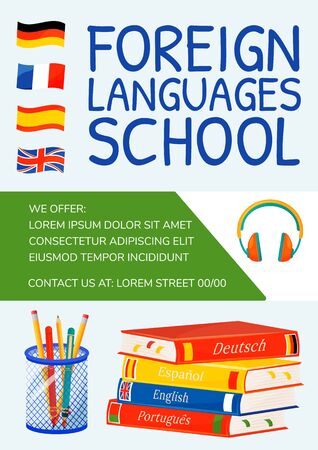 Foreign languages school poster flat vector template. Linguistics learning. Internet courses. Brochure, booklet one page concept design with cartoon characters. Language practice flyer, leafletのイラスト素材
