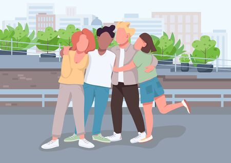 Group of friends flat color vector illustration. People hug and stand together. Student friendship and unity. Multi racial community 2D cartoon characters with landscape on backgroundのイラスト素材