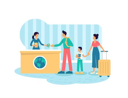 Tourist visa application 2D vector web banner, poster. Parents and child with suitcases flat characters on cartoon background. Family vacation printable patch, colorful web elementのイラスト素材