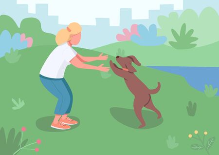 Pet owner flat color vector illustration. Female adult walk doggy outside in park. Domestic animal running to hug. Woman play with dog 2D cartoon characters with landscape on backgroundのイラスト素材