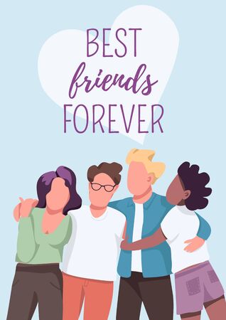 Best friends forever poster flat vector template. Friendship and unity. Group dynamic. Brochure, booklet one page concept design with cartoon characters. Multicultural community flyer, leafletのイラスト素材