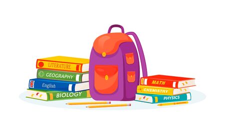 Pupil rucksack and textbooks flat concept vector illustration. Natural and formal sciences learning. High school subject metaphor. Student backpack, stationery and books 2D cartoon objectsのイラスト素材
