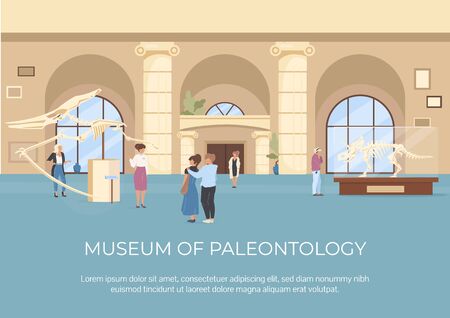 Museum of paleontology poster flat vector template. Fossils exposure. Gallery guide. Brochure, booklet one page concept design with cartoon characters.のイラスト素材
