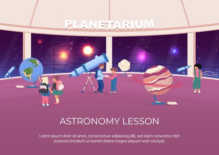 Astronomy lesson poster flat vector template. Children visit museum about solar system. Brochure, booklet one page concept design with cartoon characters.のイラスト素材