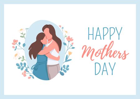 Happy mothers day poster flat vector template. Happy daughter hugging mom. Child embrace parent. Brochure, booklet one page concept design with cartoon characters. Celebrate holiday flyer, leafletのイラスト素材