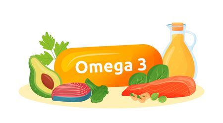 Omega 3 food sources cartoon vector illustration. Healthy fats in fish, avocado, nuts, oil flat color object. Polyunsaturated fatty acids for mental health isolated on white backgroundのイラスト素材