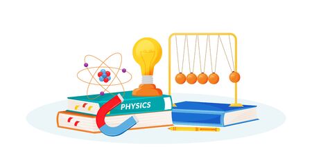 Physics flat concept vector illustration. School subject. Natural science metaphor. Practical class. University course. Student textbook and school laboratory items 2D cartoon objectsのイラスト素材
