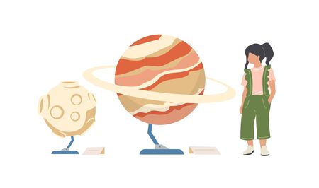 Child in planetarium flat color vector faceless character. Kid look at planet exhibits. Learn about universe. Astronomy exhibition isolated cartoon illustration for web graphic design and animationのイラスト素材