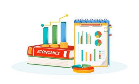 Economics flat concept vector illustration. School subject. Social science learning metaphor. Statistivs class. University course. Student textbook, graphs and pie charts items 2D cartoon objectsのイラスト素材