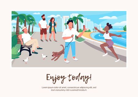 Enjoy today banner flat vector template. Brochure, poster concept design with cartoon characters. People on seafront. Summer vacation urban activity horizontal flyer, leaflet with place for textのイラスト素材