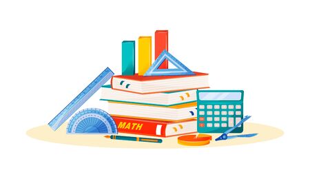 Maths flat concept vector illustration. School subject. Formal science metaphor. Algebra and geometry class. University course. Student textbook, calculator and ruler items 2D cartoon objectsのイラスト素材