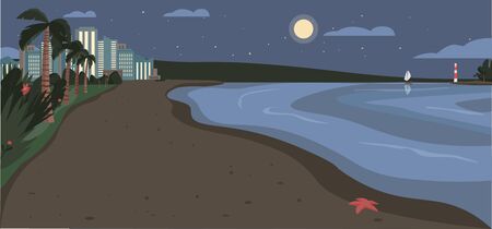 Sandy beach at night time flat color vector illustration. Evening coastline with skyscrapers and tropical palms. Exotic summer seafront 2D cartoon landscape with modern city buildings on backgroundのイラスト素材