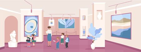 Children on excursion flat color vector illustration. Art gallery exhibition. Public community center. School kids with guide 2D cartoon characters with museum interior on backgroundのイラスト素材