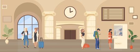 Queue to ticket booth flat color vector illustration. People wait inside railway terminal to buy pass for commuter. Booking service. Passenger 2D cartoon characters with interior on backgroundのイラスト素材