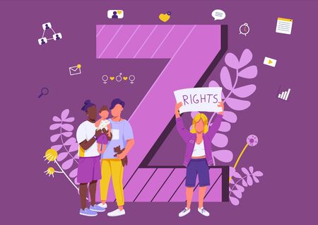 Generation Z culture flat concept vector illustration. Mixed race family and female activist 2D cartoon characters for web design. Gen Z lifestyle. Tolerance and social activism creative ideaのイラスト素材