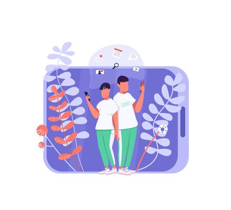 Virtual communication flat concept vector illustration. Young couple, gen Z girlfriend and boyfriend 2D cartoon characters for web design. Social media addiction, modern lifestyle creative ideaのイラスト素材