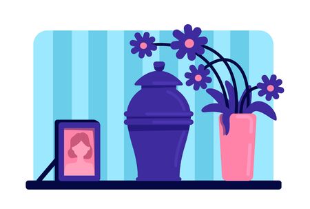 Urn with ashes flat color vector illustration. Funeral tradition. Dead woman portrait and flowers on table. Home living room 2D cartoon interior with deceased female picture on backgroundのイラスト素材