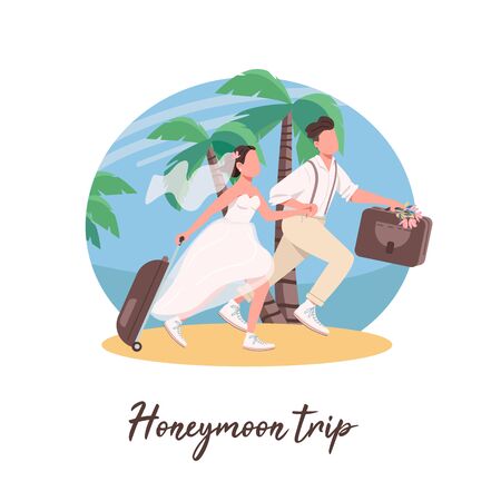 Just married couple first travel social media post mockup. Honeymoon trip phrase. Web banner design template. Booster, content layout with inscription. Poster, print ads and flat illustrationのイラスト素材