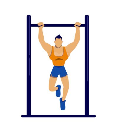 Athlete exercising on bar flat color vector faceless character. Sportsman doing pull ups. Muscular man exercising. Physical wellbeing isolated cartoon illustration for web graphic design and animationのイラスト素材