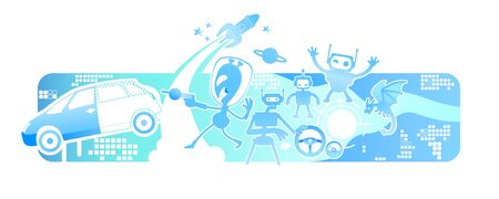 Action space video game 2D vector web banner, poster. Aliens and robots in simulation. Arcade videogame flat characters on cartoon background. Simulator for entertainment. Cyberspace colorful sceneのイラスト素材