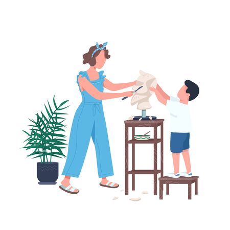 Family sculpting flat color vector faceless character. Mother help son carving marble. Leisure for parent and kid. Creative hobby isolated cartoon illustration for web graphic design and animationのイラスト素材