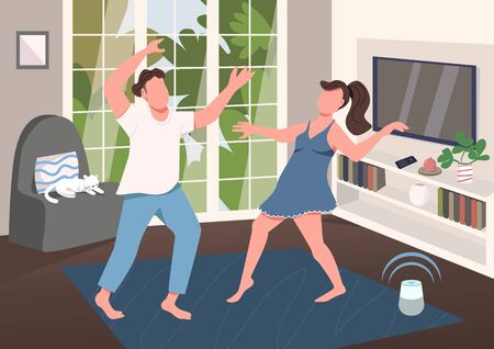 Couple having fun together flat color vector illustration. Playful pair leisure activity at home. Boyfriend and girlfriend dancing 2D cartoon characters with living room interior on backgroundのイラスト素材