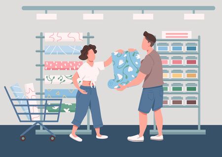 Family choosing new wallpapers flat color vector illustration. Home renovation. Wife and husband 2D cartoon characters with building construction material store interior on backgroundのイラスト素材