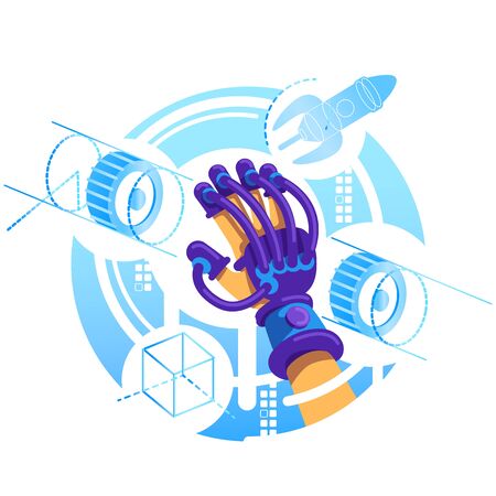 VR glove 2D vector web banner, poster. Device for interactive experience with AR flat object on cartoon background. Simulator for entertainment. Mixed reality equipment colorful sceneのイラスト素材