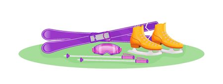 Female winter sport gear flat concept vector illustration. Ice skating. Board, stick and goggles for skiing. Sports equipment 2D cartoon objects for web design. Woman training creative ideaのイラスト素材