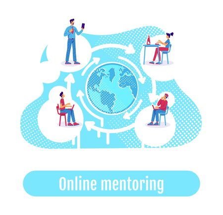 Distance education flat concept vector illustration. Online mentoring phrase. Remote classes students group and teacher 2D cartoon characters for web design. E learning technology creative ideaのイラスト素材