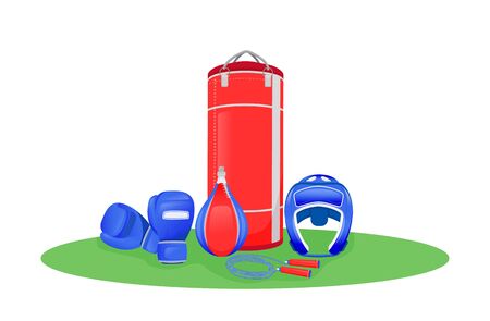 Boxing center flat concept vector illustration. Gym to exercise. Kickboxing event. Fighter practice. Sports equipment 2D cartoon objects for web design. Professional training club creative ideaのイラスト素材