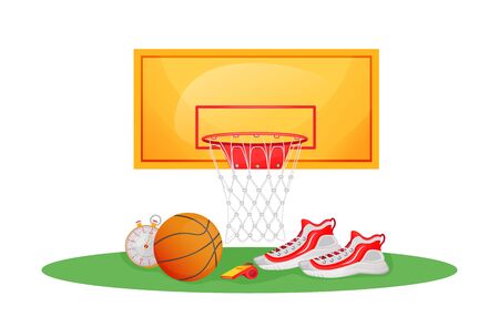 Basketball game flat concept vector illustration. Professional gear to play match on court. Hoop ring for ball. Sports equipment 2D cartoon objects for web design. College game arena creative ideaのイラスト素材