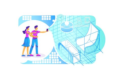 AR interior projection 2D vector web banner, poster. People with smartphone flat characters on cartoon background. Simulator for entertainment. Room visual in augmented reality colorful sceneのイラスト素材
