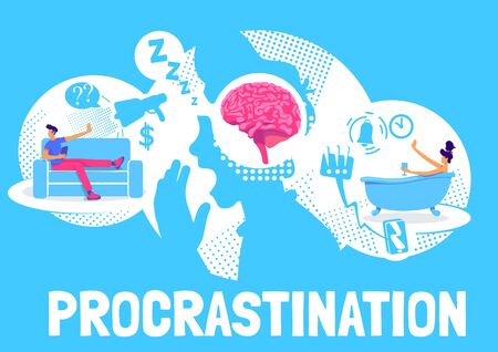 Procrastination poster flat vector template. Brochure, booklet one page concept design with cartoon characters. Lack of motivation. Tasks avoidance. Distractions flyer, leafletのイラスト素材