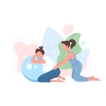 Coach with pregnant woman flat color vector faceless character. Prenatal exercise. Girl with aerobics ball. Pregnancy fitness isolated cartoon illustration for web graphic design and animationのイラスト素材