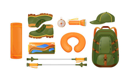Hiking equipment flat color vector objects set. Compass and map. Duffle bags, backpack, Adventure travel essentials. Trekking gear 2D isolated cartoon illustration on white backgroundのイラスト素材