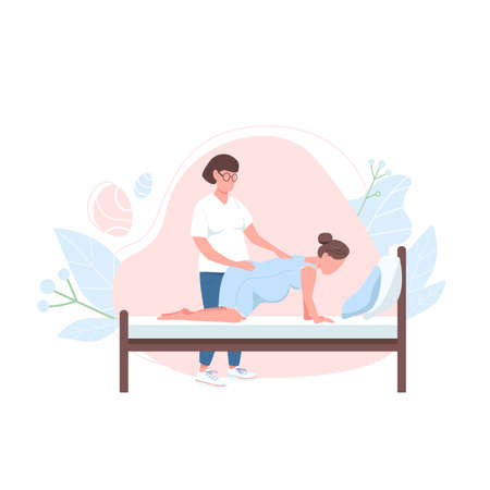 Obstetrician with woman flat color vector faceless character. Alternative birth professional support. Pregnancy help isolated cartoon illustration for web graphic design and animationのイラスト素材