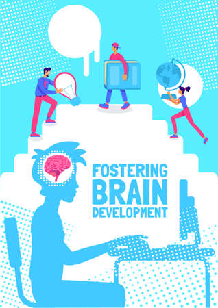 Fostering brain development poster flat vector template. Encouraging child to study. Brochure, booklet one page concept design with cartoon characters. School classes online flyer, leafletのイラスト素材